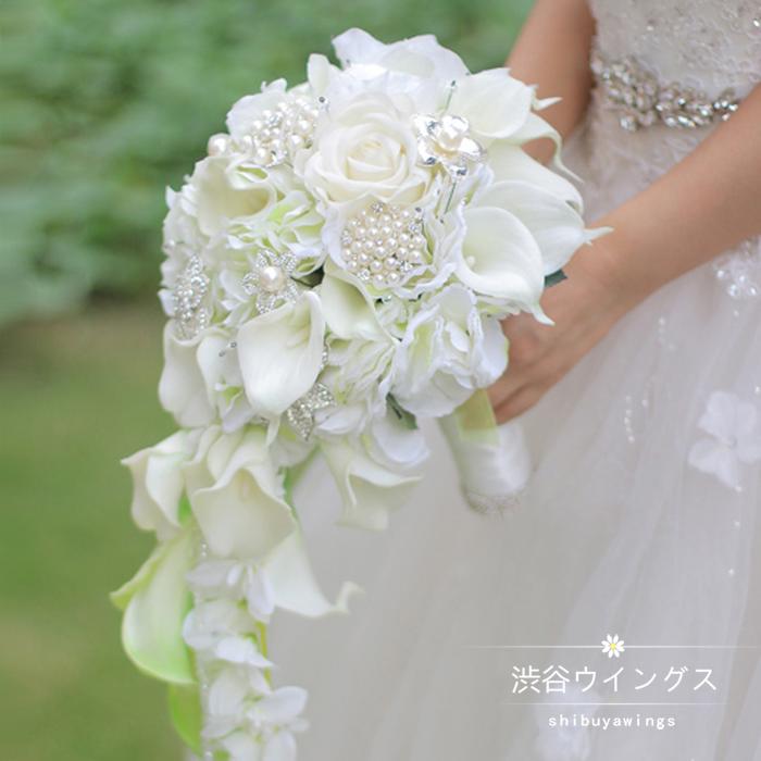 楽天市場 ウエディングブーケ 結婚式 ウェディングブーケ 花嫁 ブーケ 手作り しずく型 ブライダルブーケ 造花 キャスケードブーケ 二次会 渋谷ウイングス