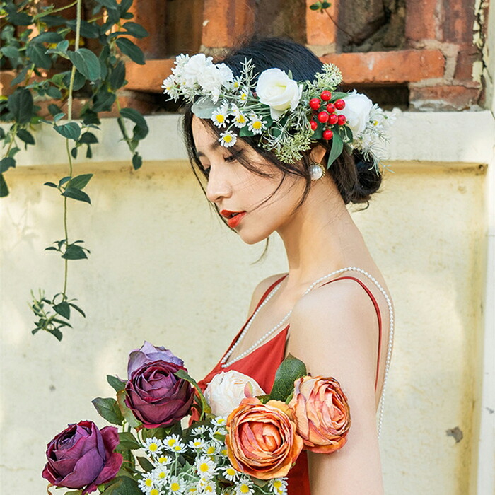 ウエディング 花冠 花かんむり ヘッドドレス ティアラ カチューシャ 花嫁 ヘアアクセサリー 結婚式 髪飾り ウェディング 造花 森ガール 花輪 手作り 姫風 パーティー フェス 海外旅行 写真撮り 40 Offの激安セール