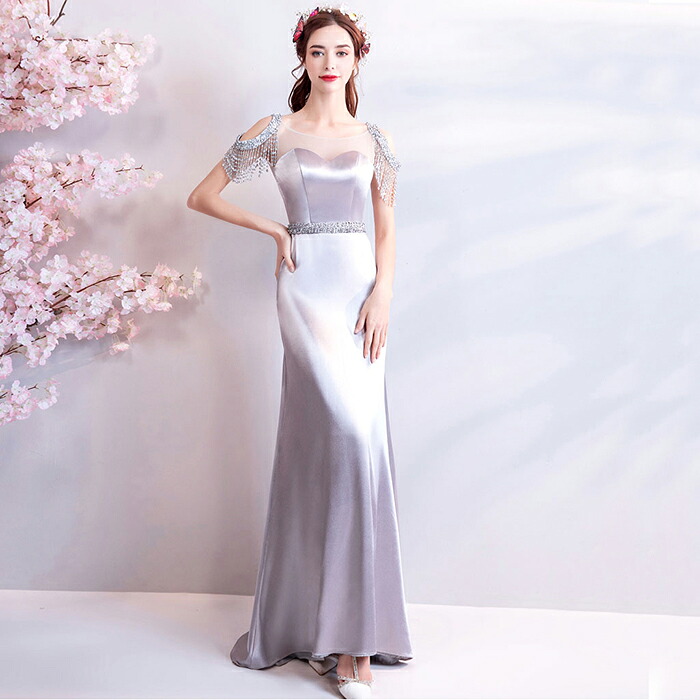 カラードレス グレー ロングドレス 演奏会 パーティードレス イブニングドレス 二次会 結婚式 フォーマルドレス 花嫁 aラインドレス コンサート 披露宴 ラインストーン付 小きいサイズ 大きいサイズ 発表会