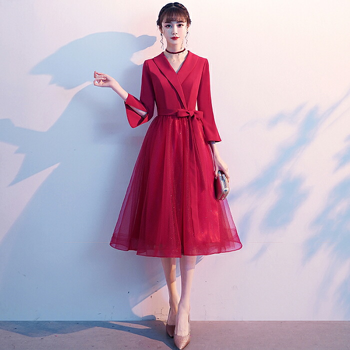ロングドレス 演奏会 長袖 パーティードレス カラードレス イブニングドレス フォーマルドレス 結婚式 カクテルドレス 花嫁 ドレス 二次会 お呼ばれ ワンピース エンパイア コンサート 発表会 披露宴 大きいサイズ サッシュリボン 赤 XXS XS S M L XL XXL XXXL｜渋谷ウイングス