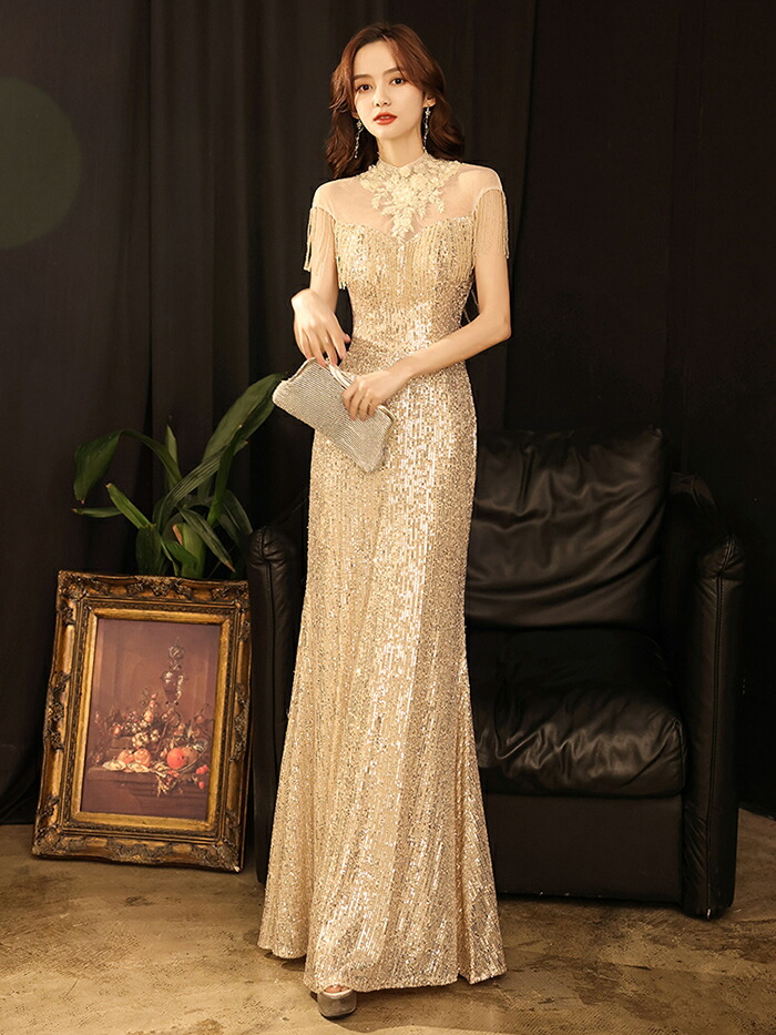 楽天市場】ロングドレス 演奏会 袖付き キラキラ パーティードレス