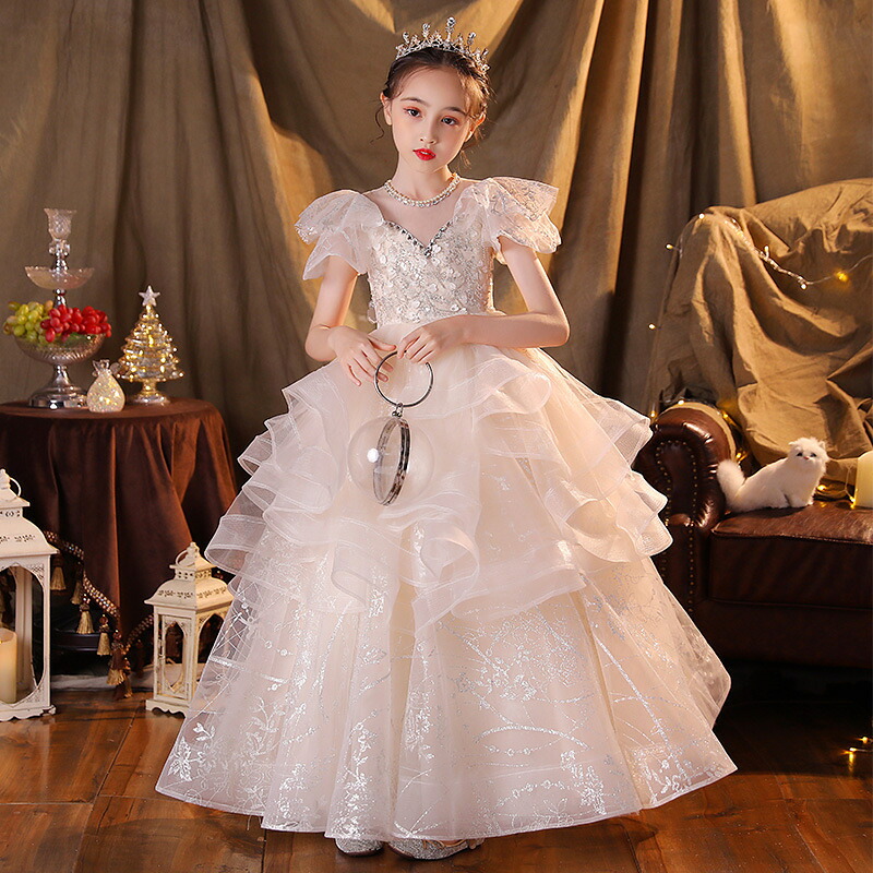 子ども ドレス お呼ばれ/ピアノ発表会 高級 ロングドレス キッズ ジュニア 子供 ドレス 結婚式 演奏会 七五三 ドレス フォーマルドレス リングガール ドレス ホワイト 白 シャンパン ロング ドレス チュールスカート ワンピース フラワーガール 女の子 春夏秋冬 100-160CM|渋谷ウイングス