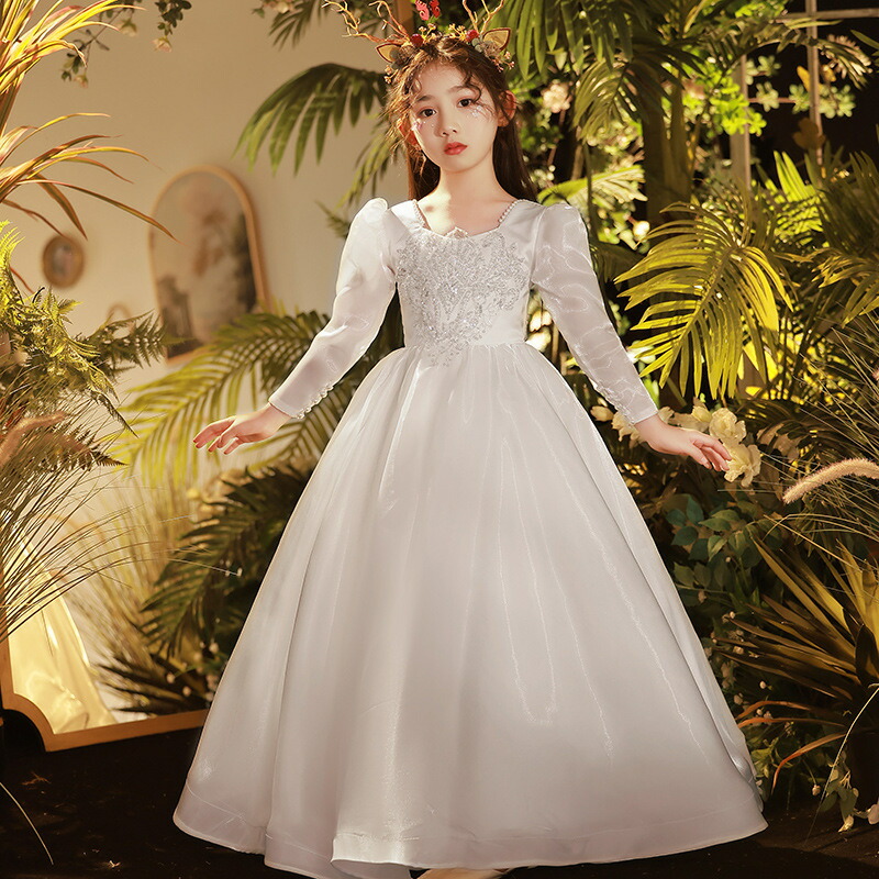 子供ドレス 豪華 上品な光沢とラインが美しい ロングドレス フォーマルドレス110/120/130/140/150/160cm ウェディング Aラインドレス スカート ワンピース ドレス キッズドレス 子ども ドレス お呼ばれ/ピアノ発表会 結婚式 演奏会 七五三 上質 ガールズドレス 女の子 白|渋谷ウイングス