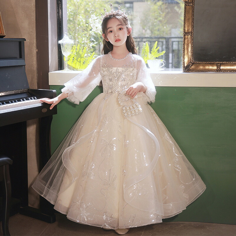 子どもドレス ロングドレス キッズ ジュニア 子供ドレス フォーマルドレス リングガール ドレス チュールスカート ワンピース フラワーガール ホワイト 白 シャンパン 袖あり 長袖 お呼ばれ/ピアノ発表会 結婚式 演奏会 入学式 七五三 誕生日 女の子 春夏秋冬 高級 100-160CM
