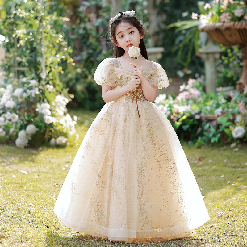 子どもドレス ロングドレス キッズ ジュニア 子供ドレス フォーマルドレス リングガール ドレス チュールスカート ワンピース フラワーガール ホワイト 白 シャンパン 袖あり 半袖 お呼ばれ/ピアノ発表会 結婚式 演奏会 入学式 七五三 誕生日 女の子 春夏秋冬 高級 100-160CM