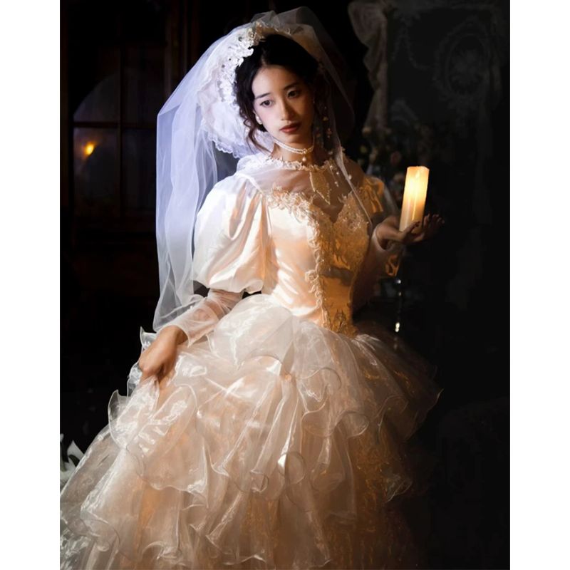 ホワイト ウェディングドレス Aライン ロング 長袖 袖あり ロングドレス ウェディングドレス XS S M L XL XXL Wedding Dress お花嫁 結婚式 撮影演出 レディースウェディングドレス 床付き/トレーン セミオーダー可能 マキシ丈 大きいサイズ お呼ばれ 海外挙式 二次会 韓国