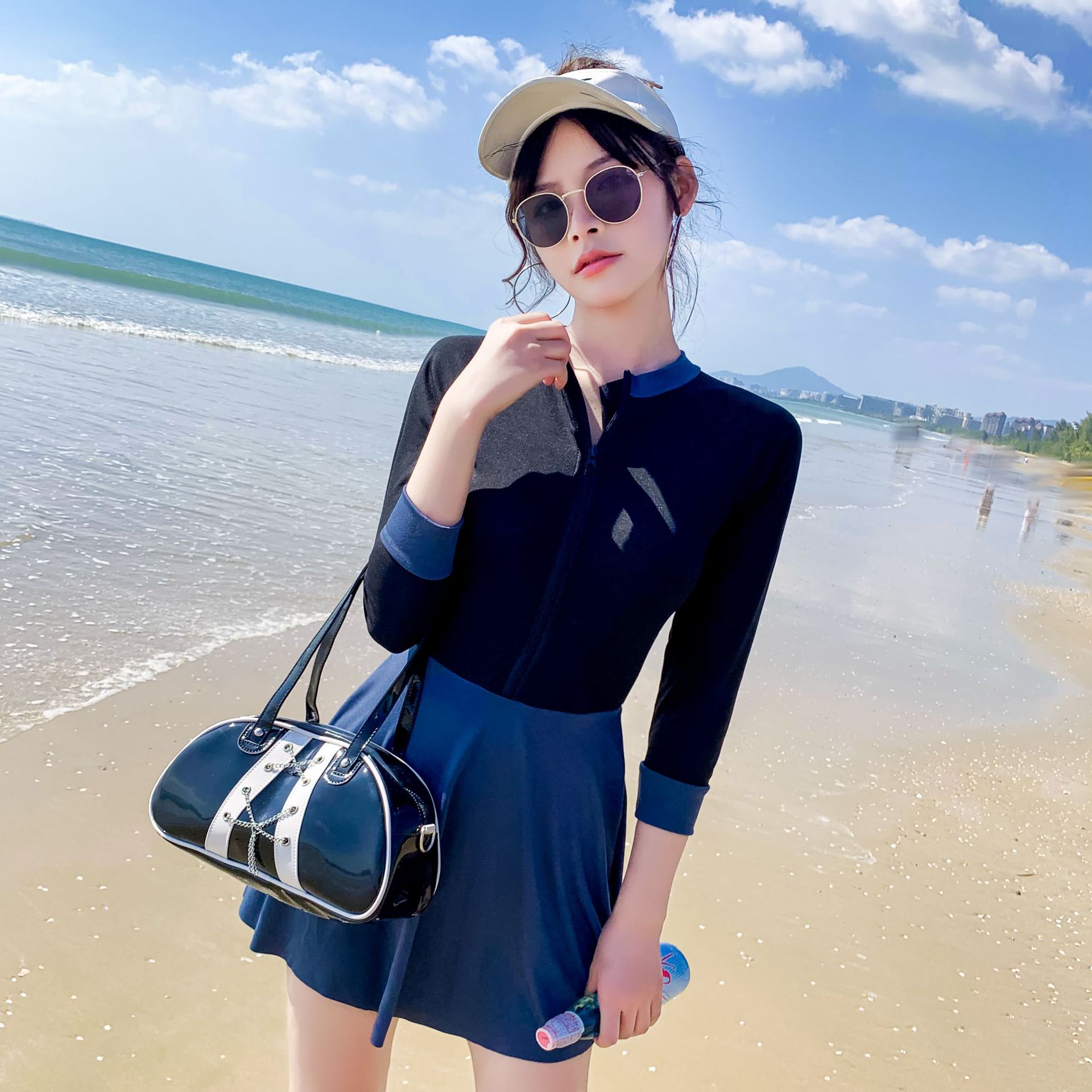 フィットネス水着 ママ水着 レディース 大人 体型カバー水着 ラッシュガード ワンピース 無地 ファスナー ハイネック 水泳