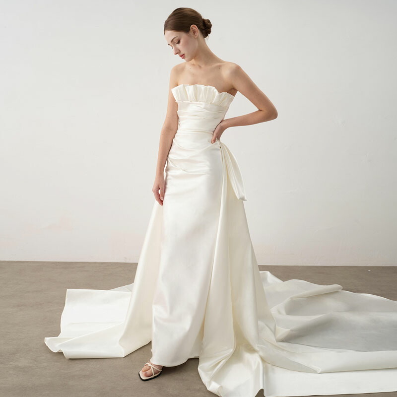 ウエディングドレス 結婚式 ロングドレス 大きい 花嫁 海外挙式 取り外し可能 2WAY マーメイドドレス 前撮り お呼ばれ ドレス ブライダル パーティードレス ストラップレス 二次会 イブニングドレス 2.5次会 サテン スレンダードレス フォーマルドレス 小さい セミオーダー｜渋谷ウイングス
