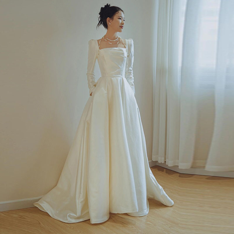 パーティードレス サテン ロングドレス 大きい 長袖 花嫁 海外挙式 前撮り ウエディングドレス 結婚式 お呼ばれ ドレス 結婚式 イブニングドレス Aラインドレス wedding dress 後撮り 教会ウェディング 教会式 ブライダル ワンピース フォーマルドレス 披露宴 演奏会 文化祭｜渋谷ウイングス