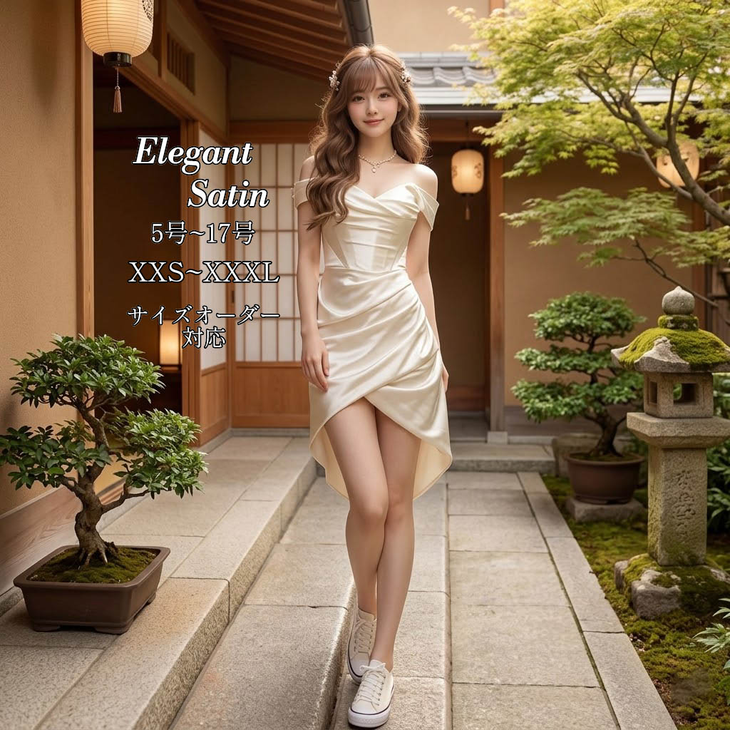 ウェディングドレス サテン ベージュ 結婚式 二次会 オフショルダー ドレープ ウエスト細見え シンプル ミニドレス サイズオーダー 海外挙式 フォトウェディング おしゃれ 花嫁 レディース 大きいサイズ 前撮り スタイルアップ モダン アシンメトリー ブライダル 後撮り｜渋谷ウイングス