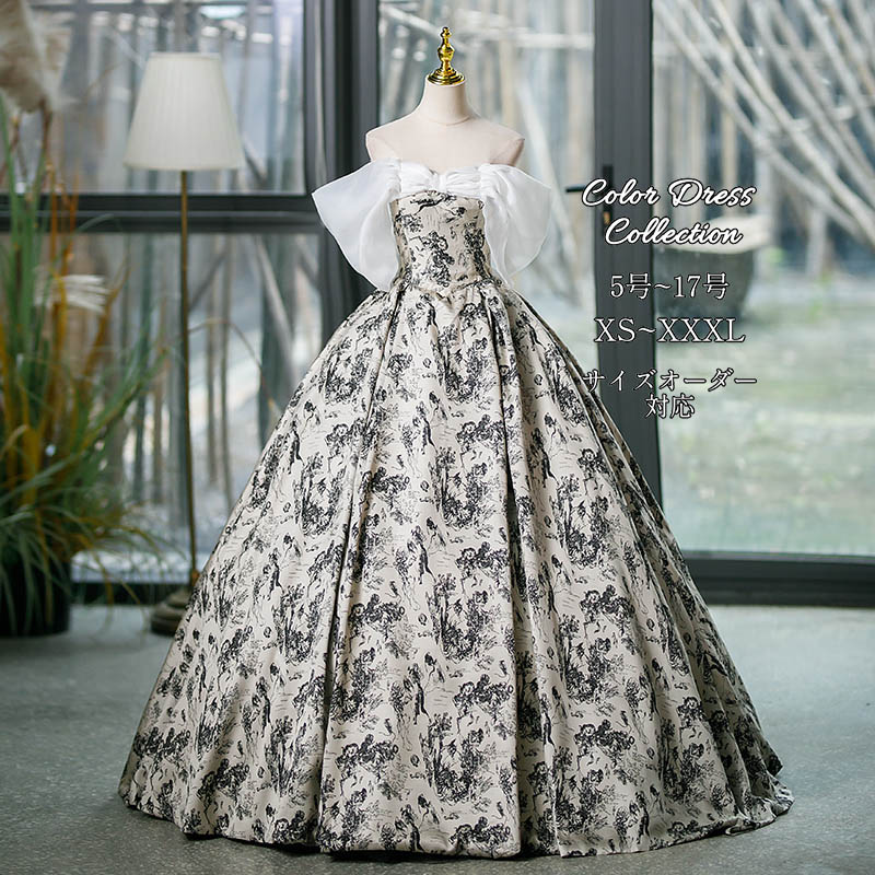 ウェディングドレス カラードレス ベージュ ホワイト 白 黒 パフスリーブ オフショルダー 花柄 クラシカル Aライン 編み上げ オーダーメイド ロングドレス 演奏会 発表会 舞台衣装 花嫁 ステージ衣装 レトロ 撮影 ブライダル 前撮り 後撮り フォトウェディング 挙式 披露宴|渋谷ウイングス