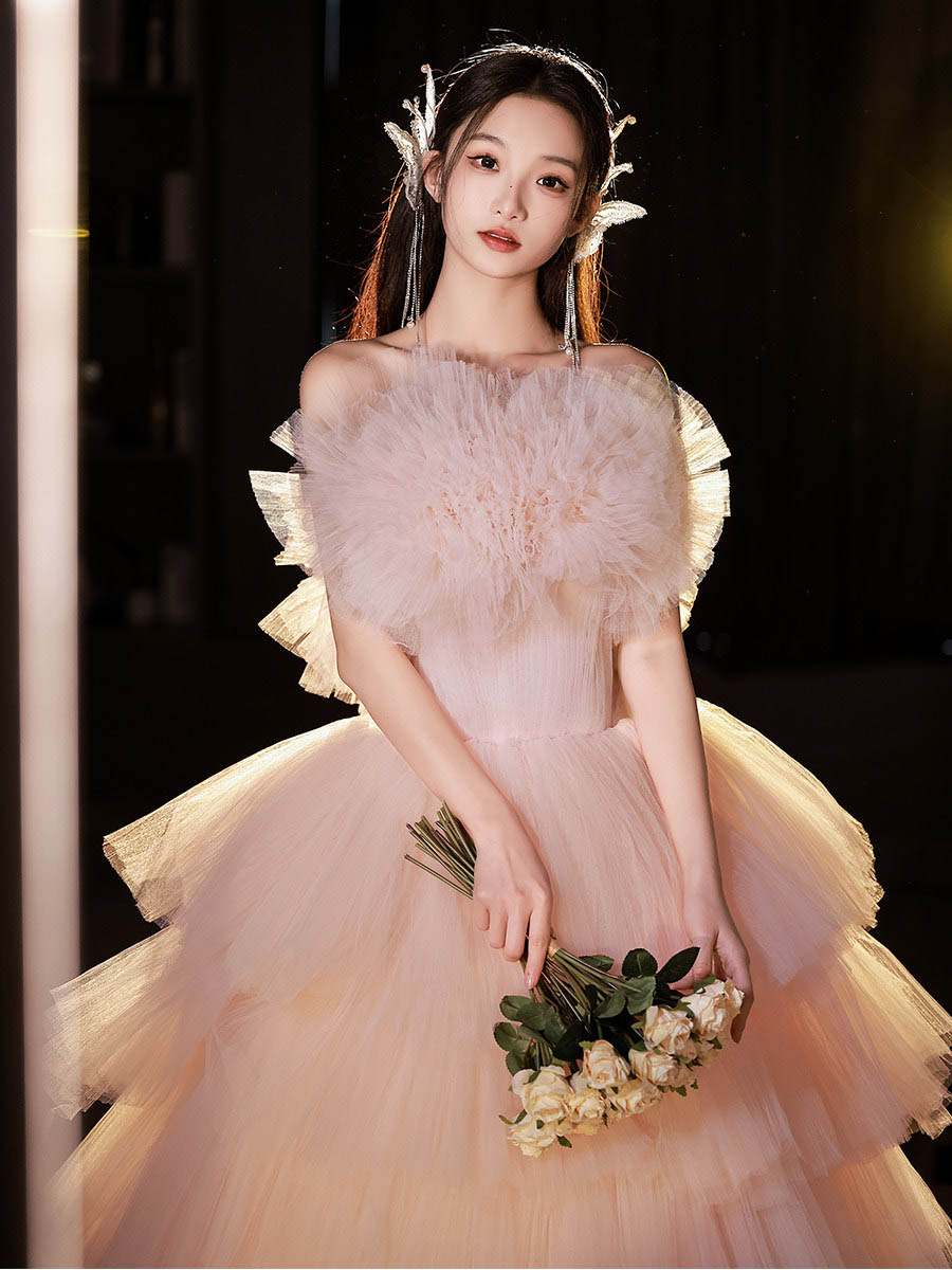 色合い御召しもの ロング御召しもの お姫様御召しもの サクラ色 フラウンス 御芽出度 二次会 告げ知らせる会 かき鳴らす会 御芽出度御召しもの ウェディングドレス チュール 暮れ合い御召しもの 寄り合い御召しもの 上演御召しもの 交歓会 御芽出度 ドクウツギ ティアード ビスチェ お嫁さん 前撮り 卒式
