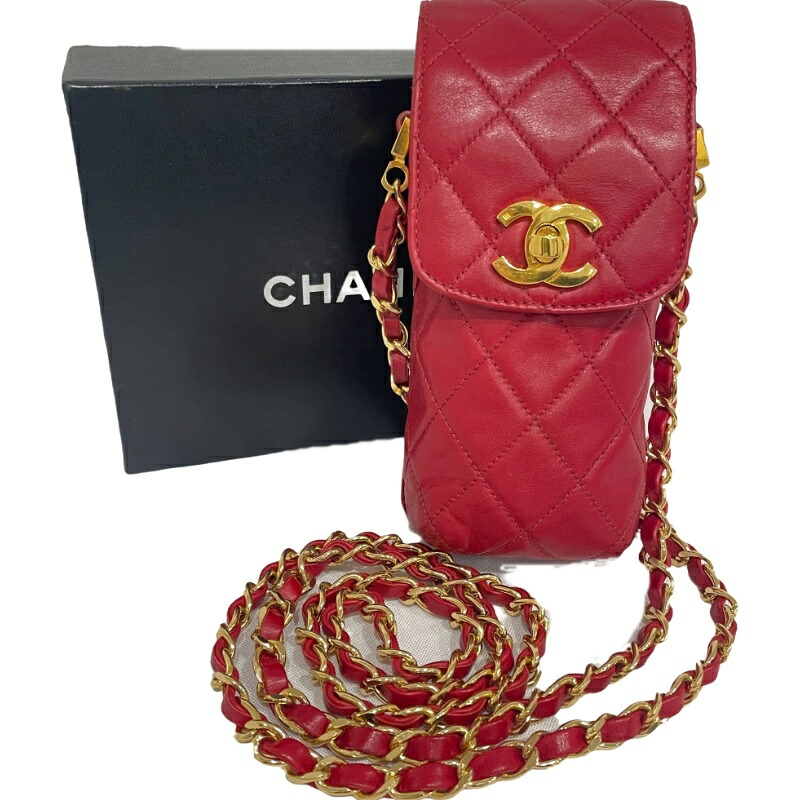 CHANEL シャネル マトラッセ フォンホルダー チェーン ゴールド金具 レッド ラムスキン ショルダーバッグ レディース 【中古】 12602K339｜質屋アシスト店