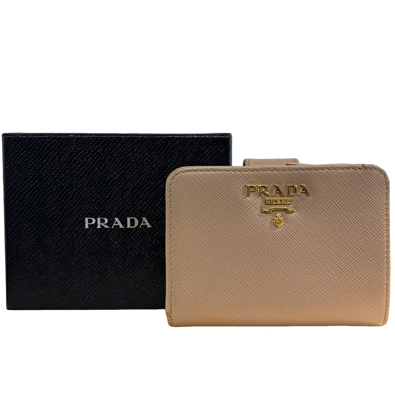 PRADA プラダ サフィアーノ 1ML018 ベージュ なめし革 二つ折り紙入れ レディース 【中古】 12603K460