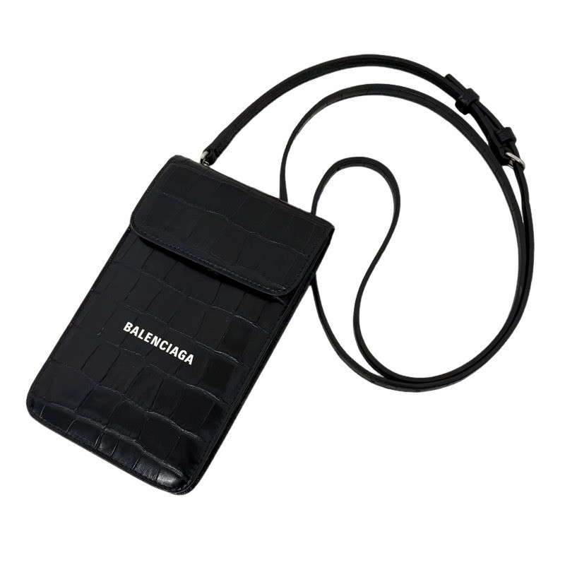 BALENCIAGA バレンシアガ クロコ型押し スマホショルダー 640536 黒いこと 本革 なめし革 ショルダーウォレット 【中古】 22604K318