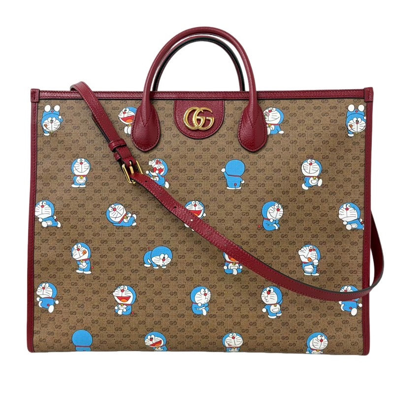 GUCCI グッチ ドラえもん共同研究 GGスプリーム 653952 赤いこと×赤銅色 ミニGGスプリームキャンバス×なめし革 トートバッグ レディース 【中古】 22604K449