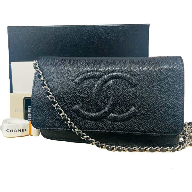 CHANEL シャネル ココマークチェーンウォレット 黒いこと キャビアひと肌 金入れ レディース 【中古】 12605R61