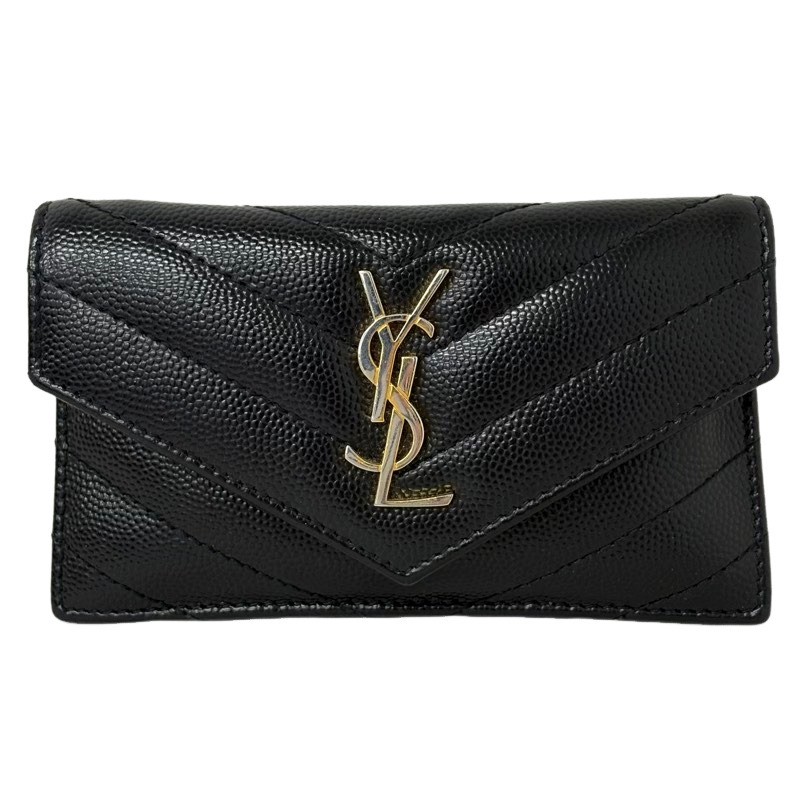 SAINT LAURENT サンローラン V編み目 フラグメントケース TGN612808 黒いこと×ゴールド なめし革 歌留多容れもの レディース 【中古】 22605K410