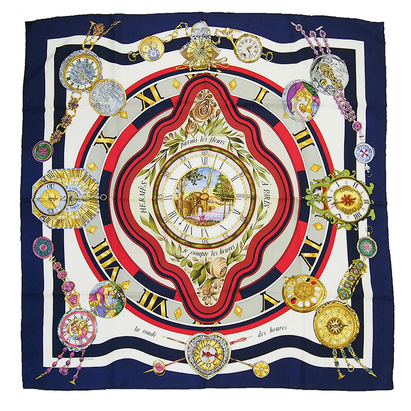 ◆ミウラ◆ エルメス HERMES カレ90 スカーフ Parmi les Fleurs je compte les heures 花の中で過ごす時間 シルク100%【中古】【smtb-TD】【saitama】