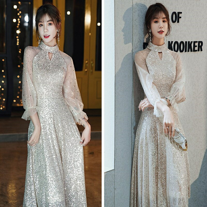 ワンピース レディース スパンコール 長袖 パーティードレス パフスリーブ 可愛い 大人 上品 きれいめ ファッション コンサート舞台 Sermus Es