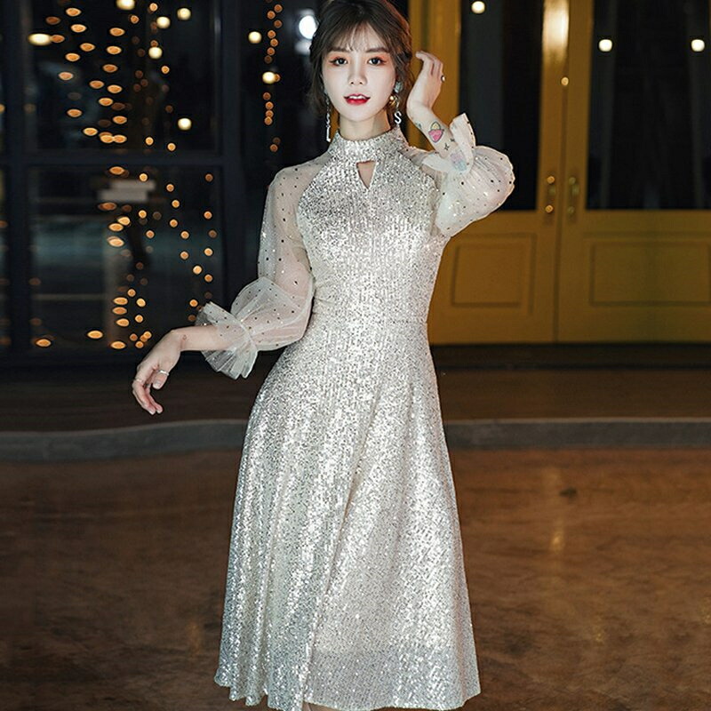 ワンピース レディース スパンコール 長袖 パーティードレス パフスリーブ 可愛い 大人 上品 きれいめ ファッション コンサート舞台 Cdm Co Mz