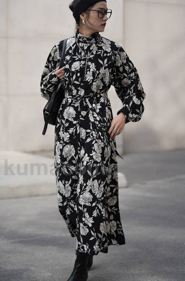 楽天市場】スタンドカラー 花柄 ワンピース レディース 長袖 ロング丈