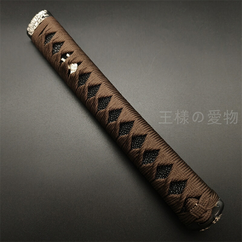 日本刀柄　大刀柄 　新品　長約26CM　銅製装具　獅子縁頭　獅子目貫　本鮫皮　木柄　綿巻　目釘付き　居合用
