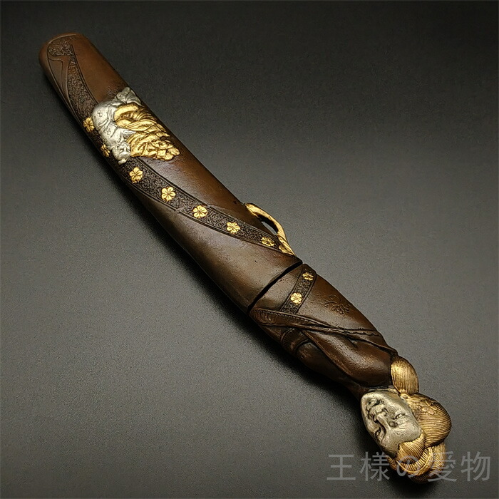 銅製刀装具　柄鞘拵え　獣図　絵金銀　金工品　細工　刀装具 銅製刀装具 短刀拵 柄鞘一式 悪鬼の図 絵金銀 金工品 細工