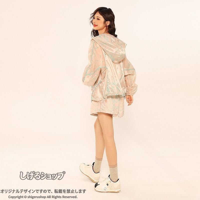 ラッシュガード レディース 上下セット 春 夏 長袖 ジップアップ フード ショートパンツ 通気 涼しい 軽量 蒸れにくい 日焼け防止 アウトドア ビーチ カジュアル アプリコット UVカット|しげるショップ