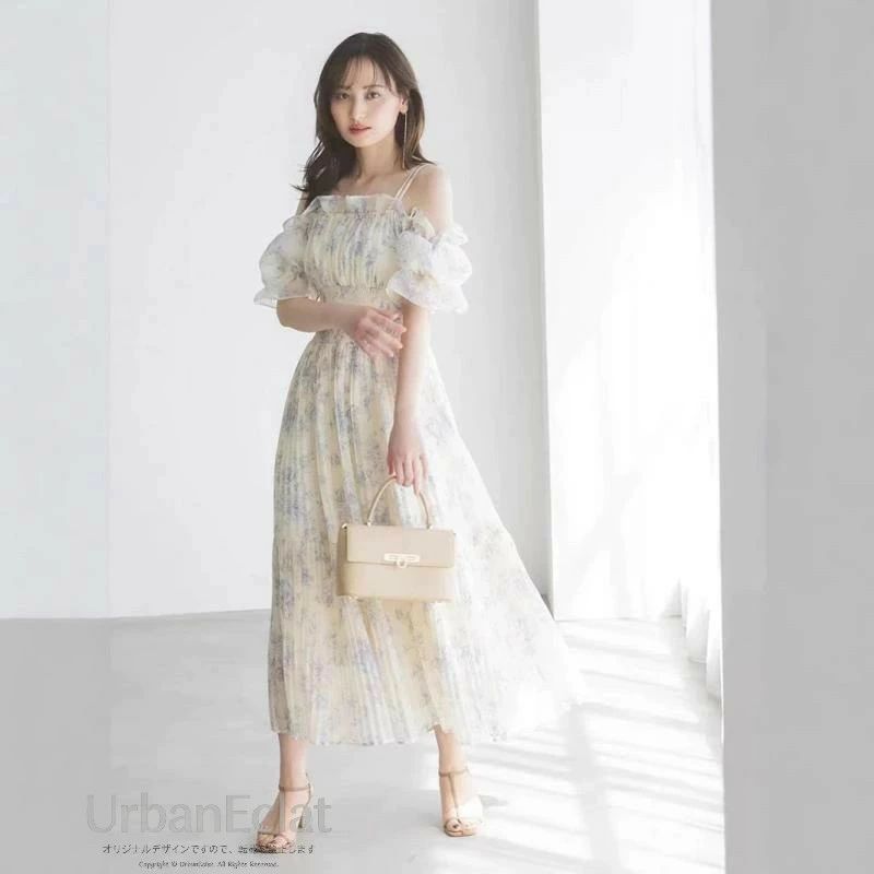 ワンピース レディース オフショルダー 花柄 プリーツ ミモレ丈 パフスリーブ スタイルアップ 上品 かわいい 日系 夏 ハイウエスト ポリエステル素材｜しげるショップ
