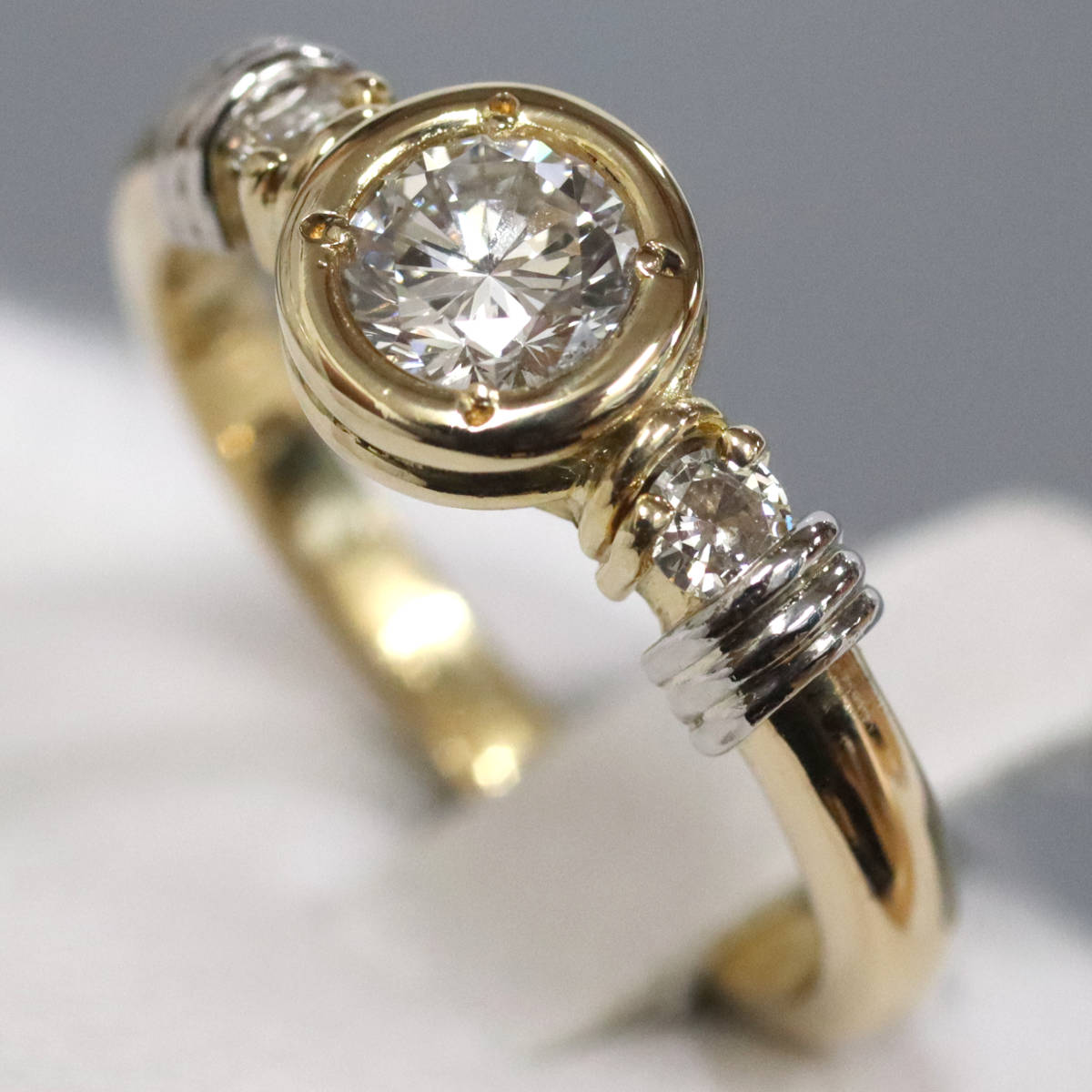 【中古】K18/Pt900ダイヤモンドリング D0.458 D0.11 4.8g #14 イエローゴールド プラチナ コンビリング｜鴫原質店　店