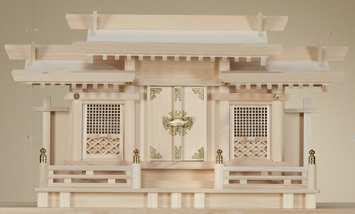 透かし彫り付三社・小 木曽ひのき神棚 神具 (H3A)