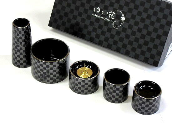 ゆい花プレミアム 美濃焼5点セット市松ブラック 丸型香炉|おぶつだんの志喜屋 店