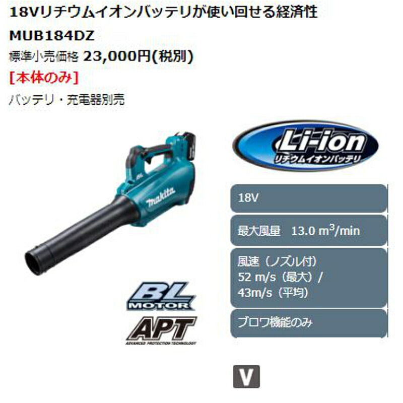 マキタ MUB184DZ 充電式ブロワ 18V(※本体のみ・使用には別売のバッテリ ...