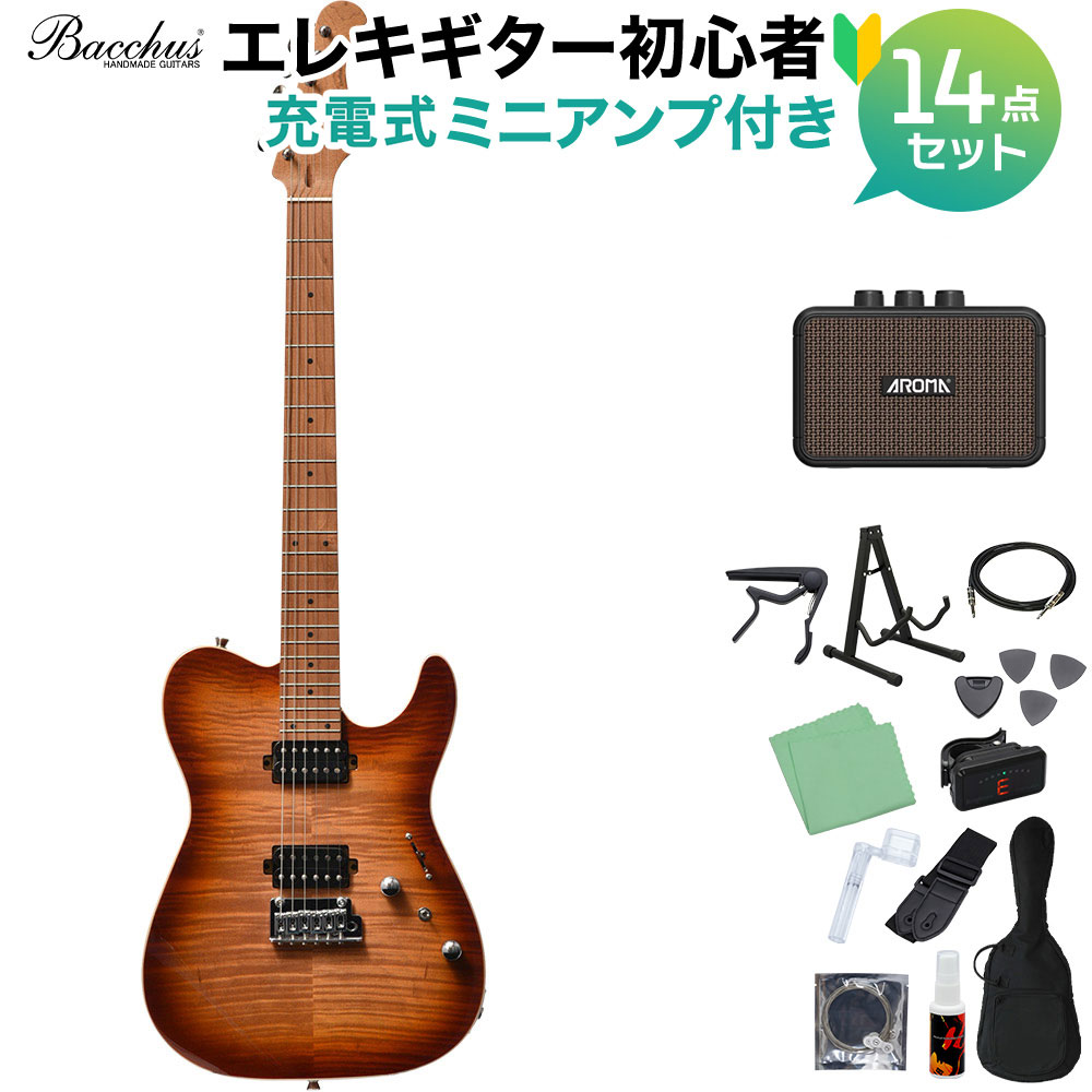 Bacchus TAC24 FMH-RSM/M N-BR-B エレキギター初心者14点セット 【充電式ミニアンプ付き】 テレキャスタイプ ユニバースシリーズ バッカス 【初心者セット】