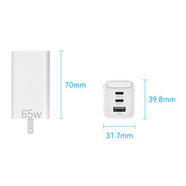 【マラソン期間中 エントリーでさらにP5倍】 VENTION 3-port USB(C+C+A) GaN Charger(65W/30W/30W) JP-Plug White ベンション FE-8593