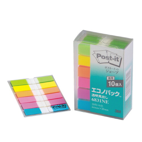 スリーエム ジャパン ポストイットジョーブ透明見出しエコノP 44&times;10mm 20枚&times;6色&times;10冊 6831NE グリーン購入法適応 ★10個パック｜ジムエール　店