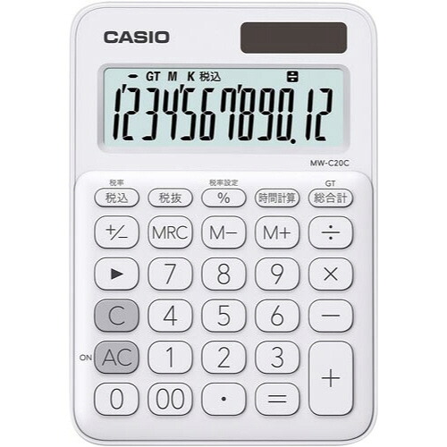 カシオ計算機 カラフル電卓 MW&minus;C20C&minus;WE&minus;N 白 MW-C20C-WE-N ★10個パック｜ジムエール　店