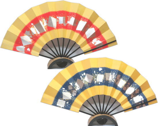 尺扇 ≪ゴールド地　中段帯　銀色紙≫赤　紺 ◇黒竹◇1尺 化粧箱なし 尺扇子【舞扇】京扇子【尺舞扇】扇子　尺舞　ゆうパケット発送ＯＫ　3942・3943　 日本舞踊・演劇・よさこい・コスプレ・余興・お祭などに最適！