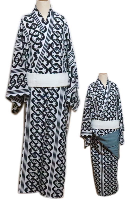 仕立上 男物 八掛グレー ステージ衣装 小紋“胴抜仕立”≪白地 黒吉原つなぎ≫八掛仕立 舞台衣装 仕立上 男物 八掛グレー 小紋“胴抜仕立”≪白地 ステージ衣装
