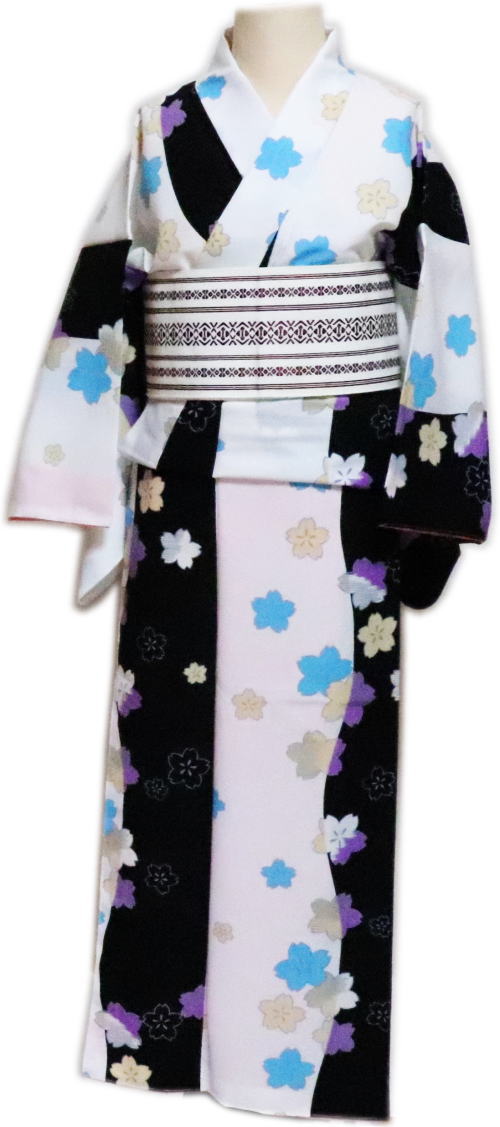 仕立上 小紋“胴抜仕立 白青地 桜「舞台衣装・ステージ衣装」八掛仕立