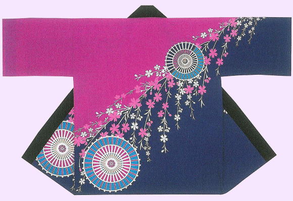 舞踊半纏 衆53325（絵の具染）すだれ桜 傘 紫 ゆうパケット送りとどけるＯＫ 日本製 祝賀会備品・祭備品・祝賀会お召しもの【法被・半被・はっぴ・ハッピ】【半纏・半天・袢纏・ハン拾・はんてん】【舞踊お召しもの・舞踊お召しもの】