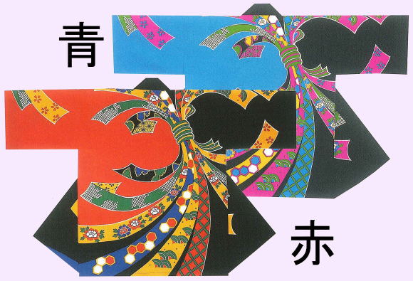 舞踊半纏 熨斗目 青 赤（化学反応染）ゆうパケット送りとどけるＯＫ 日本製 青53358・53359 祝賀会備品・祭備品・祝賀会お召しもの【法被・半被・はっぴ・ハッピ】【半纏・半天・袢纏・ハン拾・はんてん】【舞踊お召しもの・舞踊お召しもの】置き手紙風呂敷き包み送りとどけるＯＫ