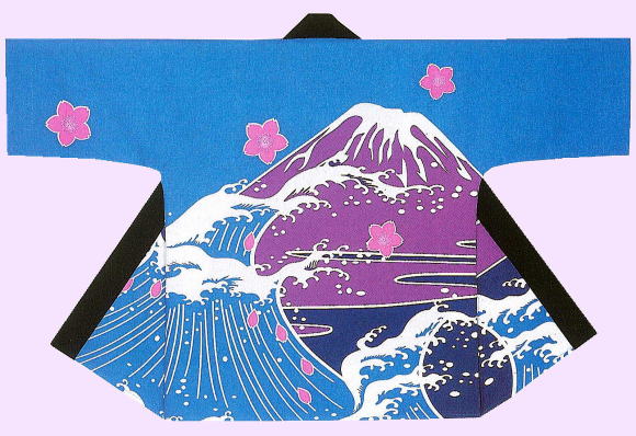 舞踊半纏 菜53333（絵の具染）富士山 桜 波 青 ゆうパケット送りとどけるＯＫ 日本製 祝賀会備品・祭備品・祝賀会お召しもの【法被・半被・はっぴ・ハッピ】【半纏・半天・袢纏・ハン拾・はんてん】【舞踊お召しもの・舞踊お召しもの】肩山に合わせ目があります。