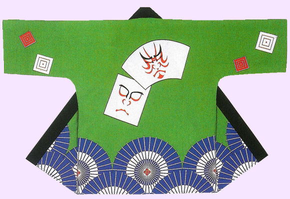 舞踊半纏 菜53333（絵の具染）隈取 傘 緑 ゆうパケット送りとどけるＯＫ 日本製 祝賀会備品・祭備品・祝賀会お召しもの【法被・半被・はっぴ・ハッピ】【半纏・半天・袢纏・ハン拾・はんてん】【舞踊お召しもの・舞踊お召しもの】肩山に合わせ目があります。