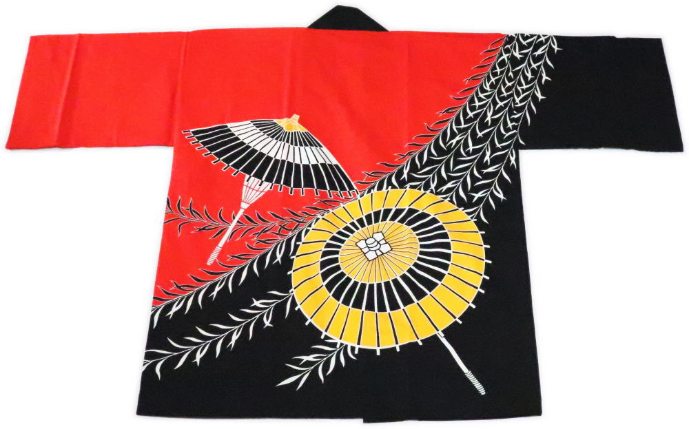 舞踊半纏 赤・黒 傘 ゆうパケット送りとどけるＯＫ 日本製 祝賀会備品・祭備品・祝賀会お召しもの【法被・半被・はっぴ・ハッピ】【半纏・半天・袢纏・ハン拾・はんてん】【舞踊お召しもの・舞踊お召しもの】