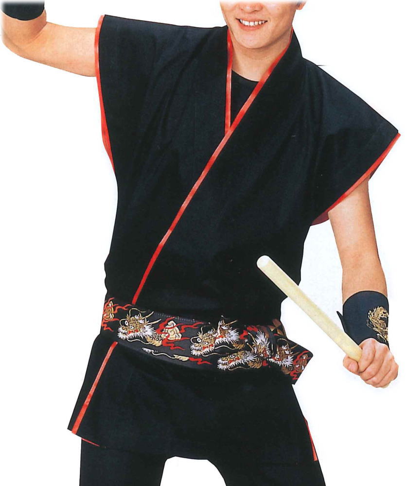 舞踊半纏 袖なし 黒 衿・袖脇赤 ゆうパケット送りとどけるＯＫ 日本製 祝賀会備品・祭備品・祝賀会お召しもの【法被・半被・はっぴ・ハッピ】【半纏・半天・袢纏・ハン拾・はんてん】【舞踊お召しもの・舞踊お召しもの】