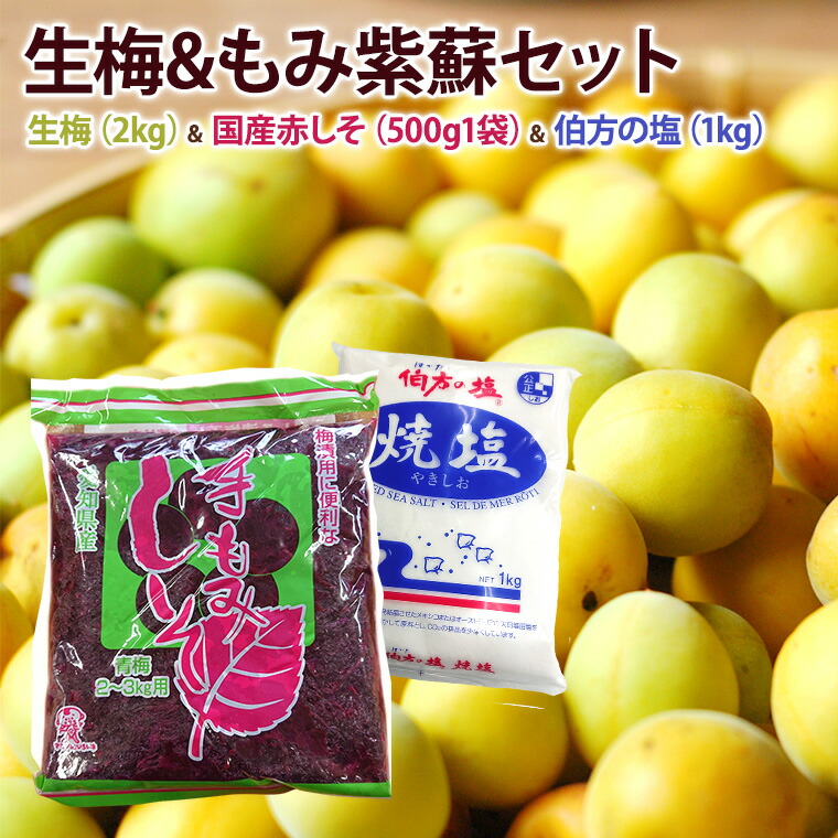 【梅セット】【手作り梅干しセット】生梅２ｋｇ+国産赤しそ500g（もみ紫蘇生梅２ｋｇ用１袋）＋伯方の塩1袋　うめセット　梅干し作り　<br>紅映もしくは木成り完熟梅<br>生梅は時期により変動します 。南高梅　三方梅　河野梅　福井梅　青梅　完熟梅　手作りセット