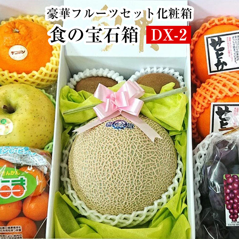 デラックス果物詰め合わせ　フル－ツセット　果物ギフト 食の宝石箱 【DX-2】化粧箱<br>メロン 入り 旬の果物 季節のギフト！ 御歳暮 プレゼント 贈り物 出産祝 快気祝 入学祝 就職祝 引越し祝 新築祝 御挨拶 敬老の日 御中元 御年始 御年賀 内祝 御祝  ゴルフ 景品 送料無料