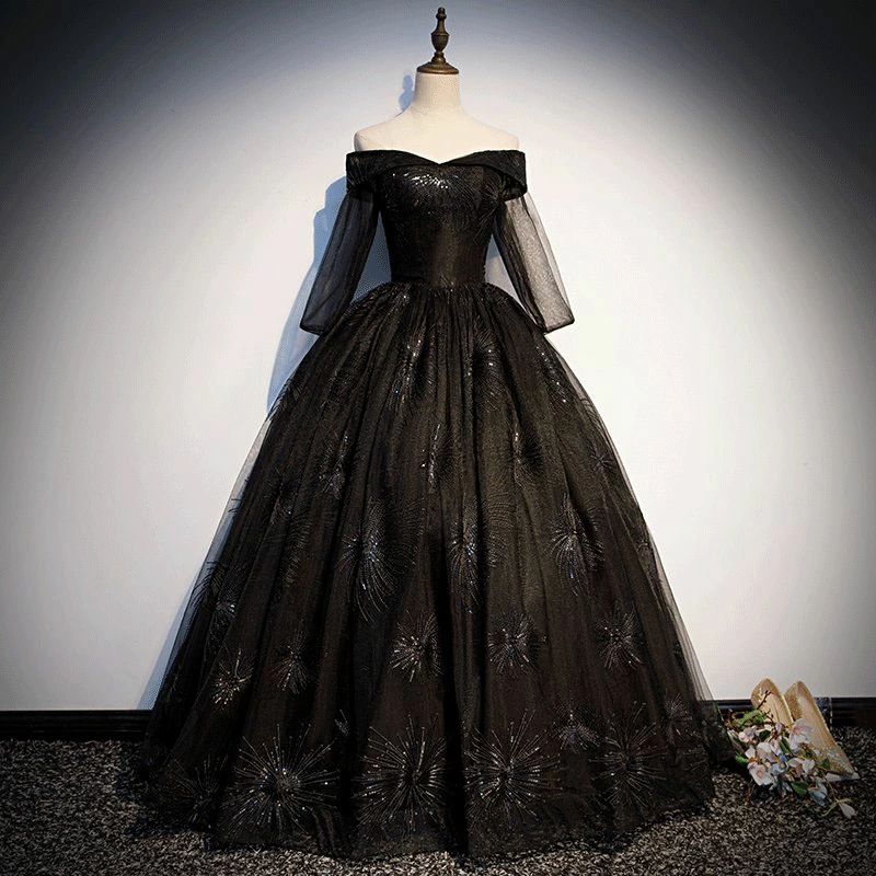 ブラック カラードレス ステージ 衣装 ブラック 長袖 ロングドレス 黒 花嫁 結婚式 二次会 プリンセスラインドレ